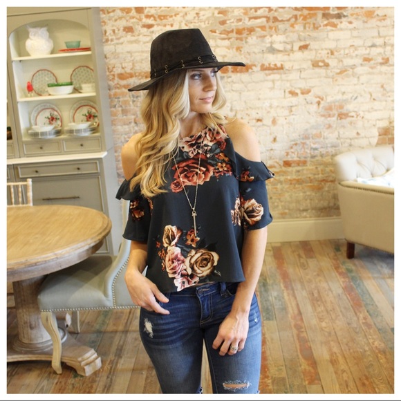 ✨LAST✨Dark teal Floral cold shoulder ruffle top - Picture 6 of 7